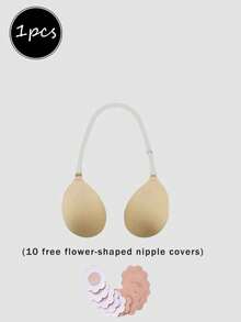 1pc Halter Bra With 10pcs Flower-Shaped Non-Woven Nipple Covers, Atmospheric Outfit Style, Matte Surface Material, Rounded Water Drop Contour, Equipped With Adjustable Transparent Straps, Enhancing Upper Body Lines - Multicolor - View 11