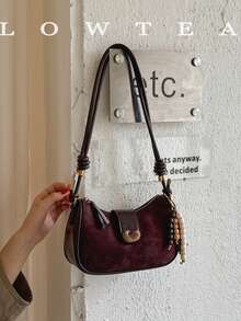 low tea 1pc Minimalist Fashion Baguette PU Leather Shoulder Bag, Suitable For Commuting, Shopping, Etc. (With Pendant) - Coffee - View 12