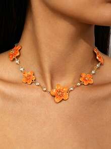 1pc Summer Vacation Style Elegant Bright Handmade Drip Oil Sparkling Orange Enamel Plumeria Necklace For Women - Orange - View 8