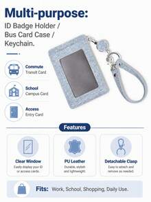 Business Casual Blue Denim Texture Transparent Window ID Badge Holder With Wrist Strap, Portable PU Leather Card Holder, Women's Style - Multicolor - View 11