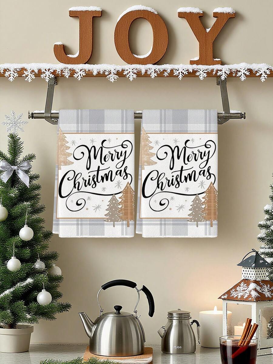 2Pcs Merry Christmas Grey Plaid Tree Kitchen Towel Set, Buffalo Check Border With Cursive Letter & Wooden Xmas Tree Snowflake Print, Farmhouse Kitchen Towels, Holiday Supplies, Dish Hand Tea Towels For Kitchen Dining Room Table Decor - Light Grey - View 1