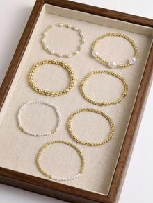 7件組時尚CCB金色珠子仿珍珠多層彈力手鍊套組，可疊戴女士手鍊，適合日常、度假、派對珠寶 - 彩色 - 查看 4