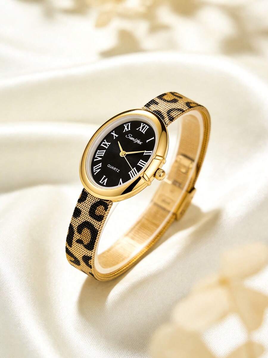 1pc Women's Oval Vintage Fashion Quartz Watch, Gold Alloy Case, Black ...