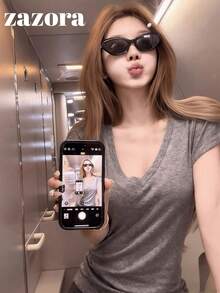 Grey V-Neck Slim Fit Short Sleeve T-Shirt, Korean Style Sexy Slimming Versatile Top - Grey - View 4