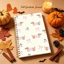 1pc 14*21cm Spiral Notebook, Cute Cartoon Dachshund Design For School, Home, Office, Note Taking, Journaling, Daily Planner, Sausage Dog Pink Stripe Outfit Bow Cherry Cream Background Pattern - Multicolor - View 2