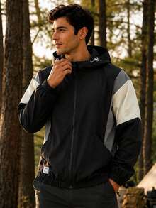 Men's Outdoor Jacket, Contrast Color Casual Windbreaker, Sport Jacket, Coat Black Spring Sports - Black - View 9