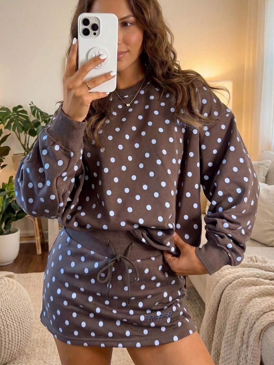Acelitt Women's Casual Polka Dot 2 Pieces Set, Drawstring Design, Ribbed Knit, Round Neck, Suitable For Spring And Autumn - Brown - View 1