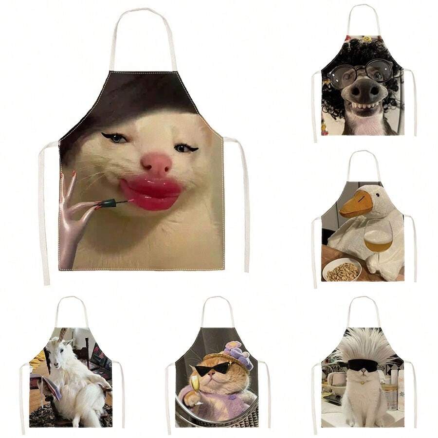 1pc Funny Animal Meme Print Apron - Sleeveless Design, Durable And Comfortable Fit, Featuring Multiple Quirky Cat, Dog, Duck Animal Patterns, Suitable For Cooking, Baking And Home Cleaning, Household Cleaning, Housework Apron, Hand-Painted Handmade Gardening Apron, Fun Holiday Gift - Multicolor - View 1