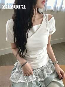 Kaos Lengan Pendek Wanita Gaya Korea Musim Panas dengan Bahu Asimetris, Model 2 in 1, Slimming, Serbaguna, dan Patchwork, Warna Putih Kasual - Putih - View 4