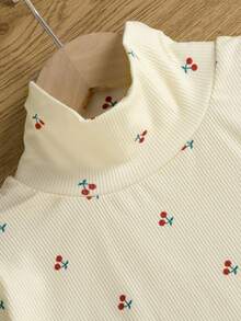 Baby Girl Spring/Autumn Sweet Cherry Print Ribbed 2 Pieces Set, Semi-High Neck Asymmetrical Long Sleeve Top With Frill Trim Flared Pants, Elastic Soft Fabric, Fresh Sweet Style, Versatile For Outdoor, School, Commute, Vacation, Gathering - Apricot - View 4