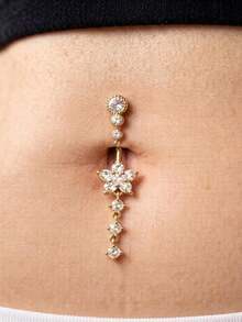 Gold‑Tone Flower Dangle Belly Button Ring, Sparkly Cubic Zirconia Navel Piercing Jewelry, Elegant Drop Belly Ring For Women Body Party Decor - Gold - View 5
