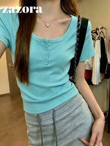Light Green Thin Low Neck Short Sleeve T-Shirt Women Korean Style Fitted Cropped Top - Light Green - View 5