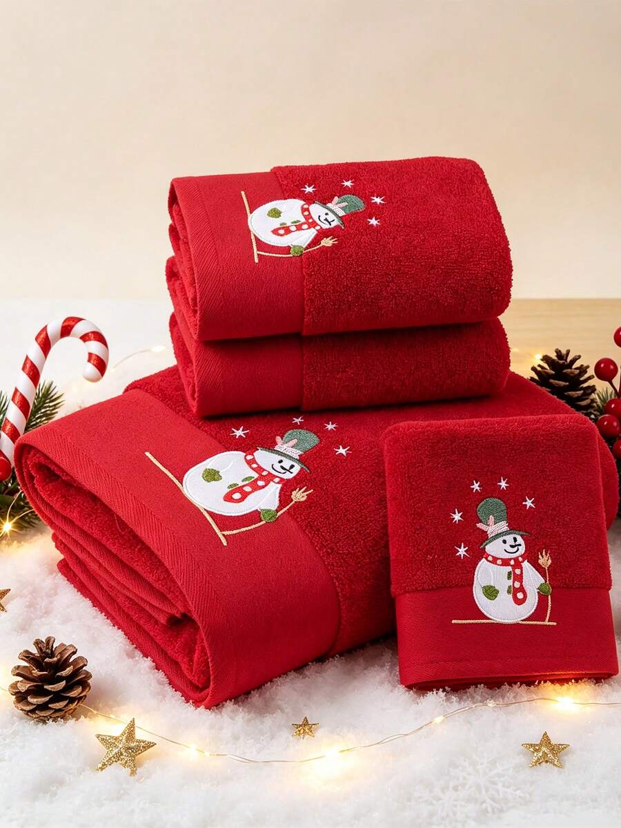 QIBHI 純棉聖誕刺繡雪人聖誕浴巾或毛巾 聖誕禮物情侶款派對棉毛圈絨毛巾/浴巾 聖誕裝飾