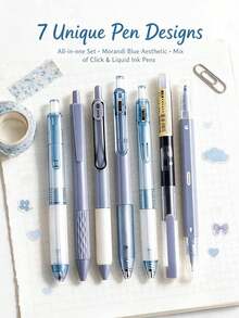1/7pcs Morandi Blue Retractable Gel Pens, Blueberry Jam Highly Attractive Ballpoint Pens, Quick-Dry Black Ink Smooth Writing Pens For Students, Gift Box Stationery, Back To School Gift For Friends - Blueberry Set - View 1