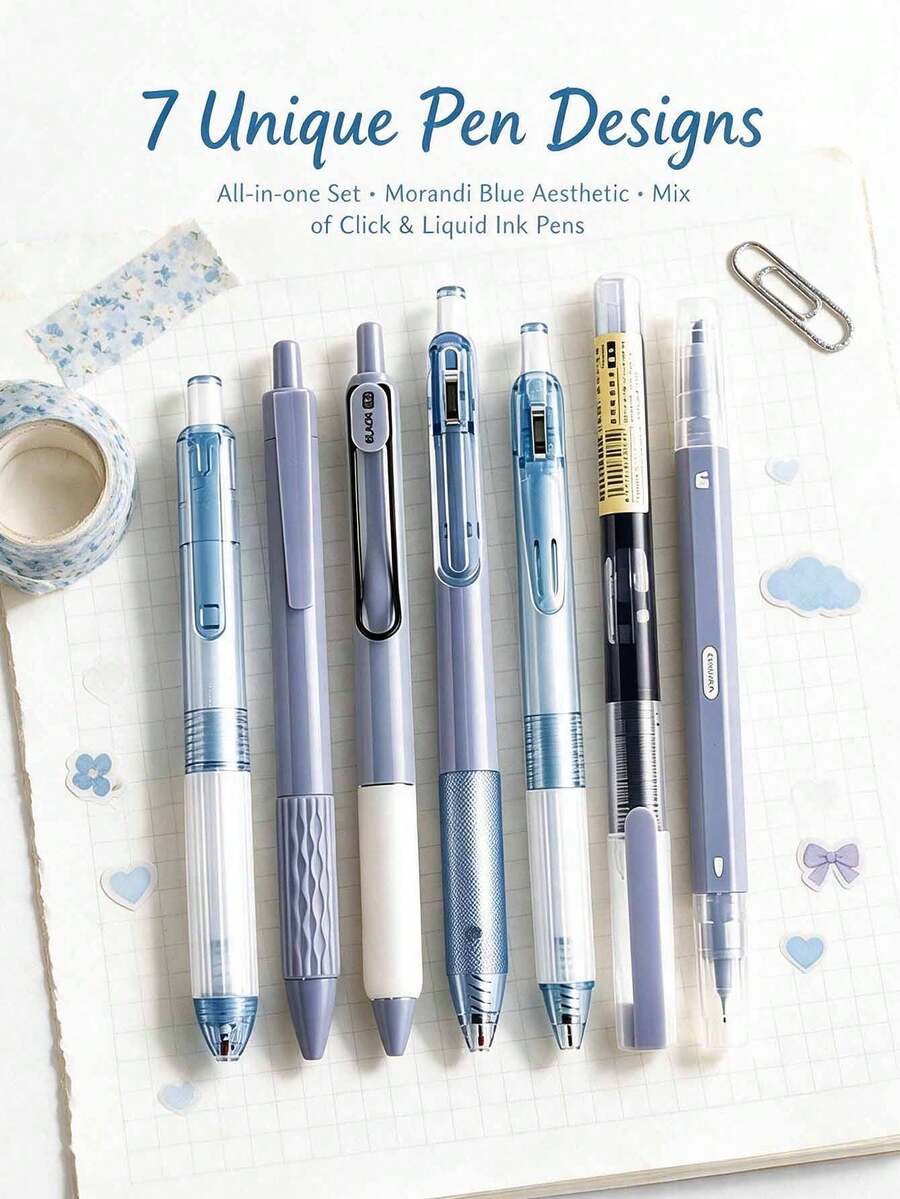 1/7pcs Morandi Blue Retractable Gel Pens, Blueberry Jam Highly Attractive Ballpoint Pens, Quick-Dry Black Ink Smooth Writing Pens For Students, Gift Box Stationery, Back To School Gift For Friends - Blueberry Set - View 1