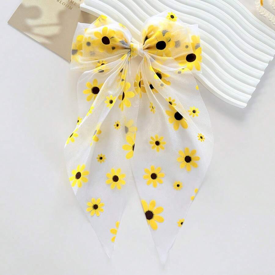 1pc New Large Bow Hair Clip, Sunflower Fresh Floral Mesh Long Ribbon Spring Clip, Cute Girl Hair Accessory, Valentine's Day Hair Accessory