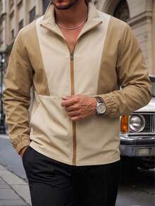 Men's Cargo Style Style Colorblock Stand Collar Jacket, Khaki Contrast Cuffed Sleeve Casual Versatile Spring/Autumn Jacket - Khaki - View 2