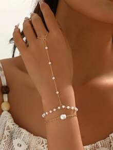 rundraw 2pcs/Set Gold Linked Finger Chain & Handmade Faux Pearl Bracelet, Elegant Jewelry Gift For Women, Daily Wear. - Multicolor - View 7