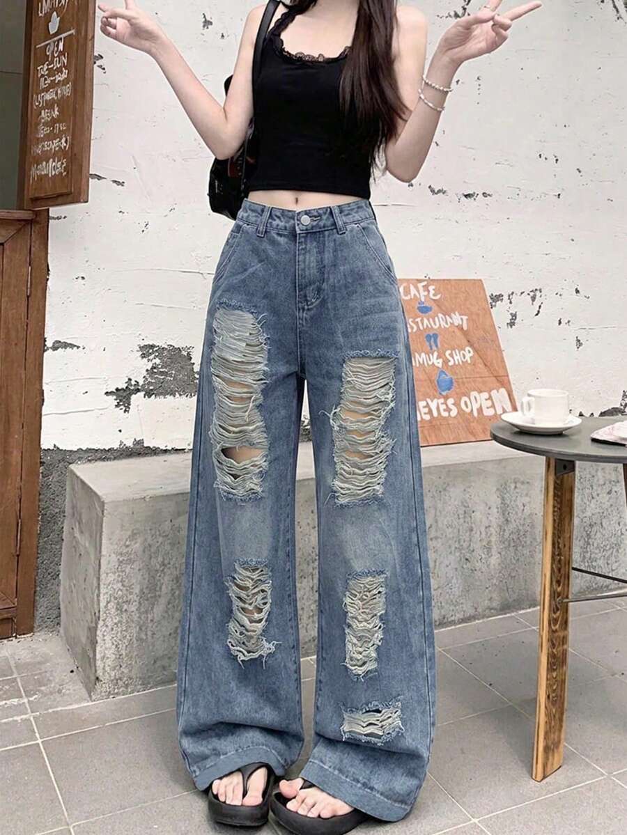 Celana Jeans Denim Vintage Rusak, Celana Panjang Model Slimming Longgar Lurus Lebar Kasual Musim Gugur - Medium Wash - View 1