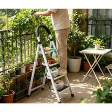 Escalera Telescópica de Acero de 4 Escalones, Color Blanco, Diseño Plegable y Compacto para Hogar, Ideal para Cocina, Armarios y Estantes, Estructura Estable, Resistente y Fácil de Guardar - Blanco - Ver 2