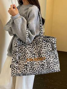 1pc Women Leopard Print Tote Bag Embroidered Letter Decor Multi‑Pocket Wide Strap Large Capacity Casual Shoulder Handbag - Multicolor - View 1