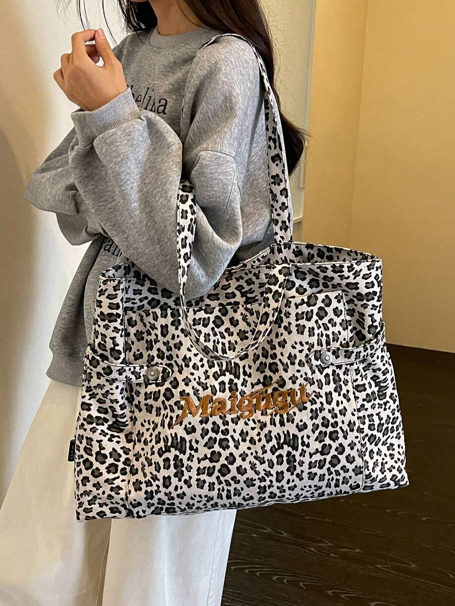 1pc Women Leopard Print Tote Bag Embroidered Letter Decor Multi‑Pocket Wide Strap Large Capacity Casual Shoulder Handbag - Multicolor - View 1