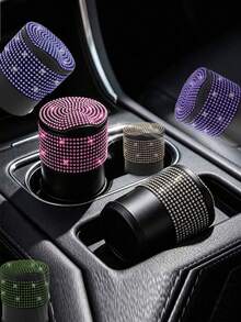 1pc Car Ashtray, Smokeless Design, Sparkling Diamond Crystal Car Ashtray With Lid, Portable, Suitable For Office And Home Use, Fits All Car Models, Fashionable Creative Design, Women's Style, Durable Plastic Car Ashtray - Multicolor - View 2