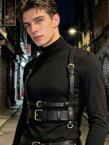 Punk Style Leather Strap Belt, Gothic Adjustable Buckle Belt, Suitable For Cosplay Theme Party Stage Performance Punk Style Decoration - Black - View 6
