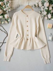 2026SS New French Style Cinched Waist Mermaid Hem Knit Cardigan, Slim Fit Textured Round Neck Single-Breasted Short Sweater - Apricot - View 7