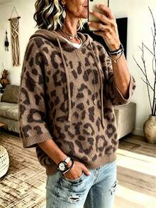 Plus Size Women's Leopard Print Hooded Pullover Sweater With Three Quarter Drop Shoulder Sleeves And Drawstring Detail, Perfect For Fall Wear - Coffee Brown - View 3
