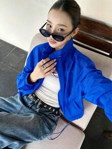 Women's Short Lightweight Jacket, Elegant Blue, Single Layer, Drawstring Collar, Loose Fit, Fashionable Versatile, Wear Alone Or Layer - Blue - View 17