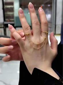 1pc 21k Gold Plated Adjustable Ring, Gold Beads With Tassel Chain Design, Arabic Style, Plating - Rust-Resistant And Long-Lasting Color. Gold Alternative, Suitable For Women's Wedding, Banquet And Party Accessories - Gold Tassel Ring - View 5