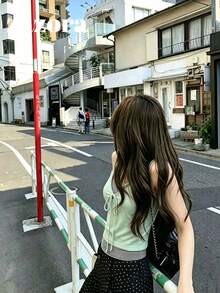 條紋拼接 2 合 1 吊帶背心，設計感修身短版夏季女款上衣 - 綠色 - 查看 5