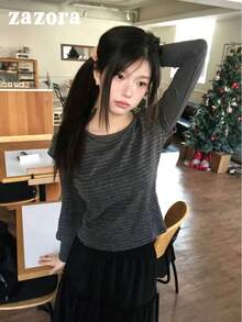 Korean Vintage Patchwork Striped 2 In 1 Long Sleeve Turtleneck Top For Women, Knitted Base Layer Autumn Innerwear - Dark Grey - View 4