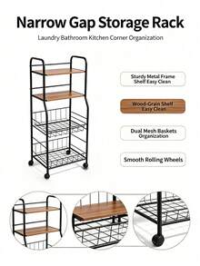4‑Tier Rolling Storage Cart, Metal‑Wood Slim Organizer With Lockable Wheels & Wire Baskets, Mobile Storage Rack For Bathroom, Laundry, Kitchen Narrow Corner, Perfect For Home Users Storing Towels, Toiletries & Cleaning Supplies - Multicolor - View 4
