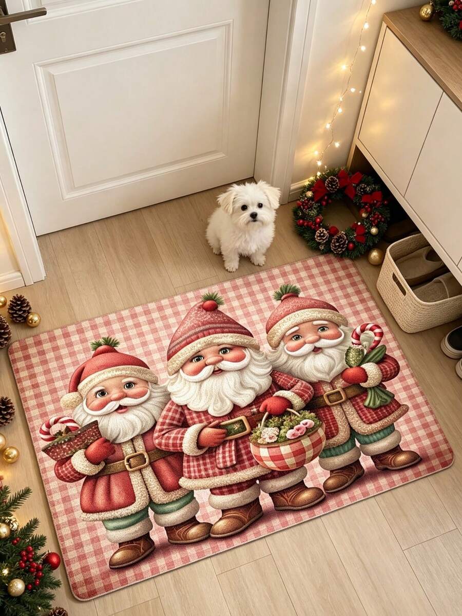 1pc Pink Plaid Background 3 Santa Claus Rectangular Doormat, Christmas, Carpet, Door Mat, Small Rug, Floor Mat, Home Decor, Area Rug - Multicolor - View 1