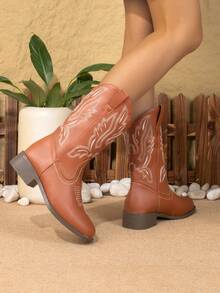 Women's Embroidered Western Cowboy Boots Square Toe Chunky Heel Mid-Calf Boots Vacation Style Versatile Riding Ankle Boots - Brown - View 5