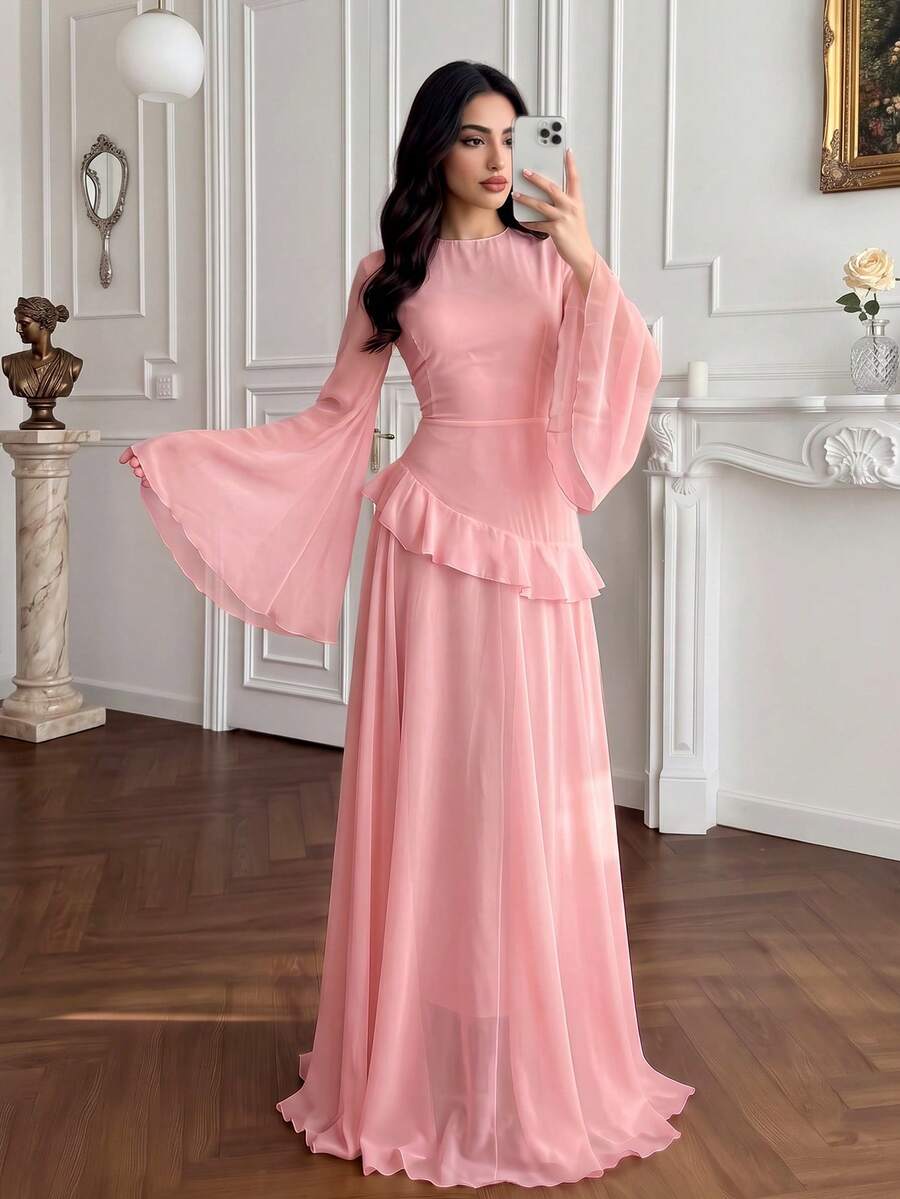 女士优雅荷叶边系腰喇叭袖连衣裙,春夏粉色 - 粉色 - 查看 1