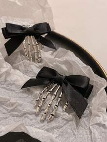 2pcs Halloween Gothic Bow Skull Hair Clips, Women's Punk Style Hair Accessories Holiday Headwear, Fashion Bow Hair Clips Halloween Horror Decor - Multicolor - View 3