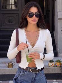 Sexy Women's Deep V-Neck Lace Trim Ribbed Knit Top, Front Button Long Sleeve Slim Fit Cropped Shirt, Autumn/Winter New Style, Suitable For Daily Commute And Date Wear - White - View 1