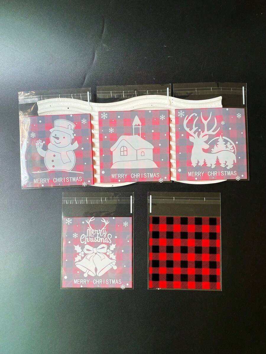 100pcs Red & Black Plaid Christmas OPP Self-Sealing Bags, White Snowman & Deer Pattern Gift Packaging Bags, Suitable For Christmas Party Gift Decoration - Multicolor - View 1