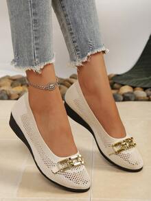 Women's Round Toe Wedge Heel Mesh Breathable Metal Buckle Low Vamp Ballet Shoes, Spring/Summer Commute Minimalist Elegant Driving Loafers - Beige - View 2