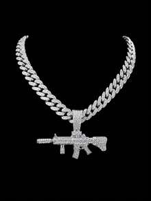 Men's Personalized Street Style Gun Pendant Necklace, Fully Iced Cuban Chain, Shiny Jewelry For Nightclub Hip-Hop, Unique Gift For Him - Gun Pendant Necklace - View 2
