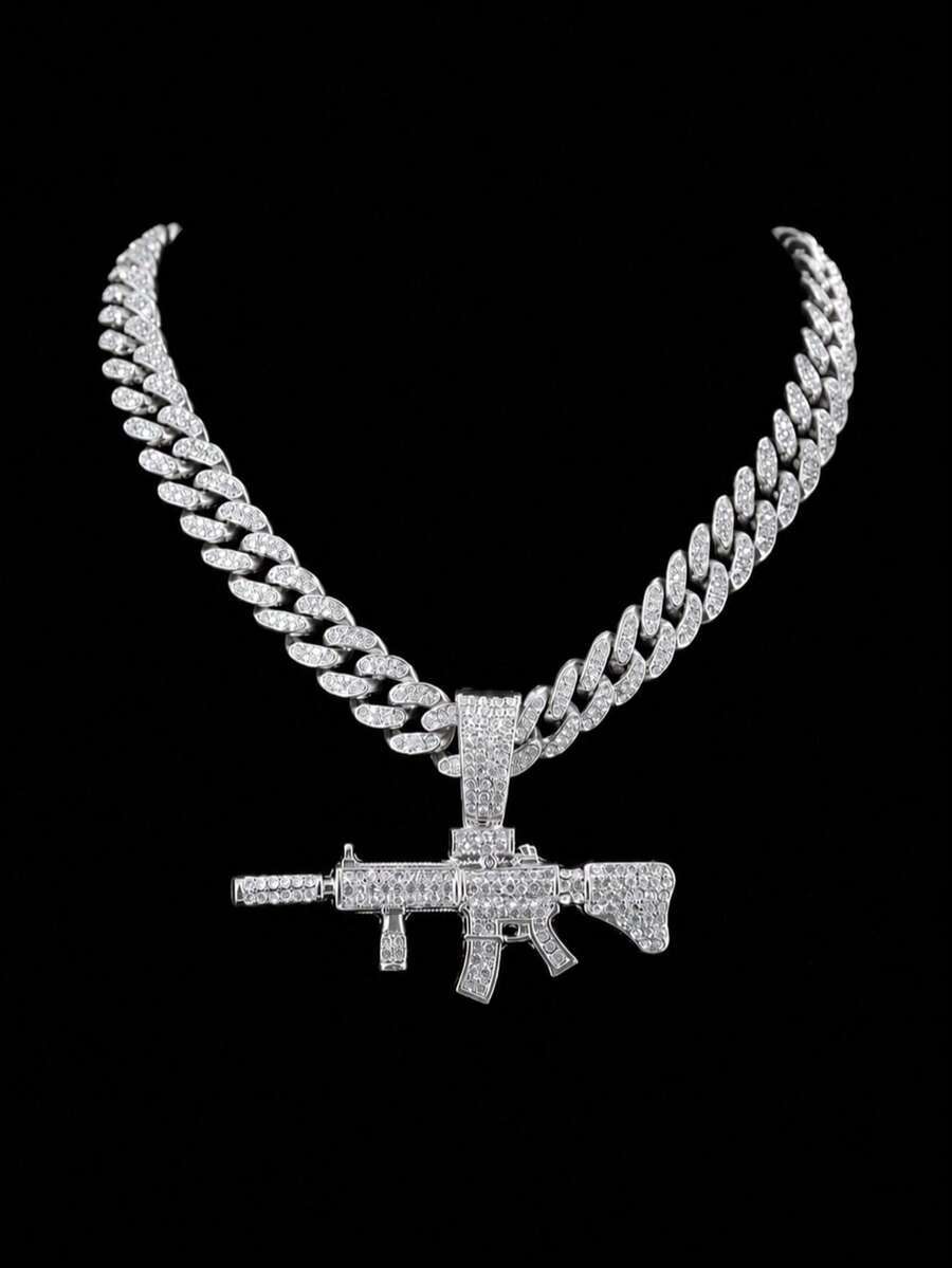 Men's Personalized Street Style Gun Pendant Necklace, Fully Iced Cuban Chain, Shiny Jewelry For Nightclub Hip-Hop, Unique Gift For Him