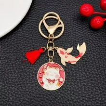 1Pc Alloy Enamel Lucky Cat Keychain, Chinese Style Fortune Pendant, Gold Ring Bag Charm, Christmas Gift - Red - View 7