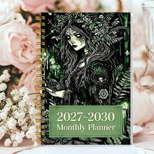 1pc A5 2027‑2030 4‑Year Monthly Planner, Spiral Bound Witchy Nature Journal Notebook, Dark Forest Green Witch With Fern Floral Crown & Raven Art Print, Monthly Schedule Organizer, Perfect Stationery Gift For Gothic & Nature‑Themed Aesthetic Fans - Multicolor - View 3