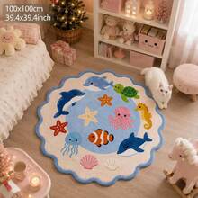 1pc New Velvet Wavy Edge Ocean Animal Round Rug, Dolphin Octopus Sea Turtle Cartoon Print Floor Mat, Living Room Bedroom Atmosphere Decor Foot Mat, Skin-Friendly Machine Washable Home Rug, Suitable For Bedroom Bedside And Bay Window, Create Warm Healing Home Decor Atmosphere, Decorative Rug, Bedroom Decor, Small Rug, Rug, Home Decor, Living Room Rug, Living Room Small Rug, Bedroom Rug, Living Room Home Decor, Outdoor Rug, Washable Rug - Multicolor - View 4