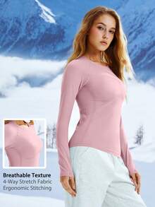 Leorrey 1pc Women's Solid Color Round Neck Waist-Shaping Long Sleeve Ski Suit - Pink - View 1