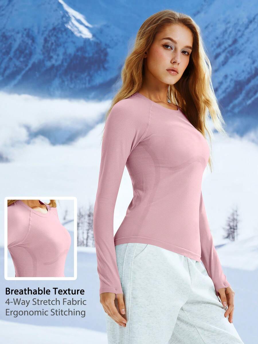 Leorrey 1pc Women's Solid Color Round Neck Waist-Shaping Long Sleeve Ski Suit - Pink - View 1