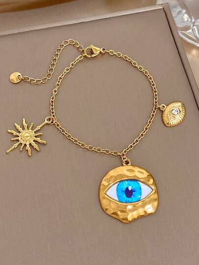 Pulseira com Pingente de Olho Grego e Sol em Aço Inoxidável Banhado a Ouro 18K, Joia Vintage Boho para Mulheres, Uso Diário/Festa, Natal/Outono/Aniversário/Halloween